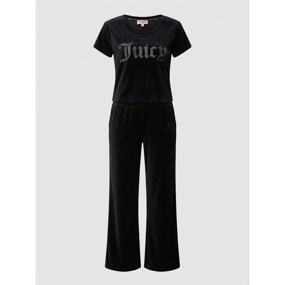 Juicy Couture Velour Rhinestone Logo Top & Wide Leg Pants Lounge Set L